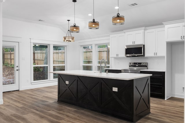 kitchen with sink, an island with sink, appliances with stainless steel finishes, dark hardwood / wood-style flooring, and white cabinetry