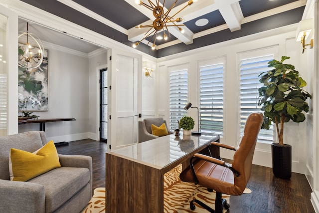 office space featuring dark hardwood / wood-style flooring, ornamental molding, coffered ceiling, and a notable chandelier