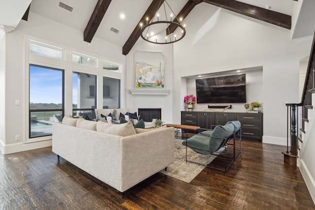 living room featuring beamed ceiling, high vaulted ceiling, and dark wood-type flooring