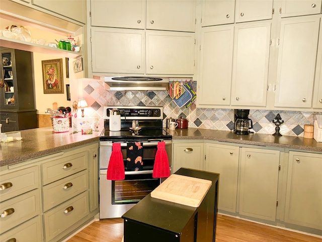 kitchen featuring tasteful backsplash, light wood-type flooring, exhaust hood, and range with two ovens