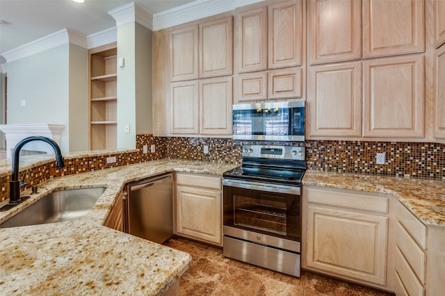 kitchen with appliances with stainless steel finishes, light brown cabinets, tasteful backsplash, and sink