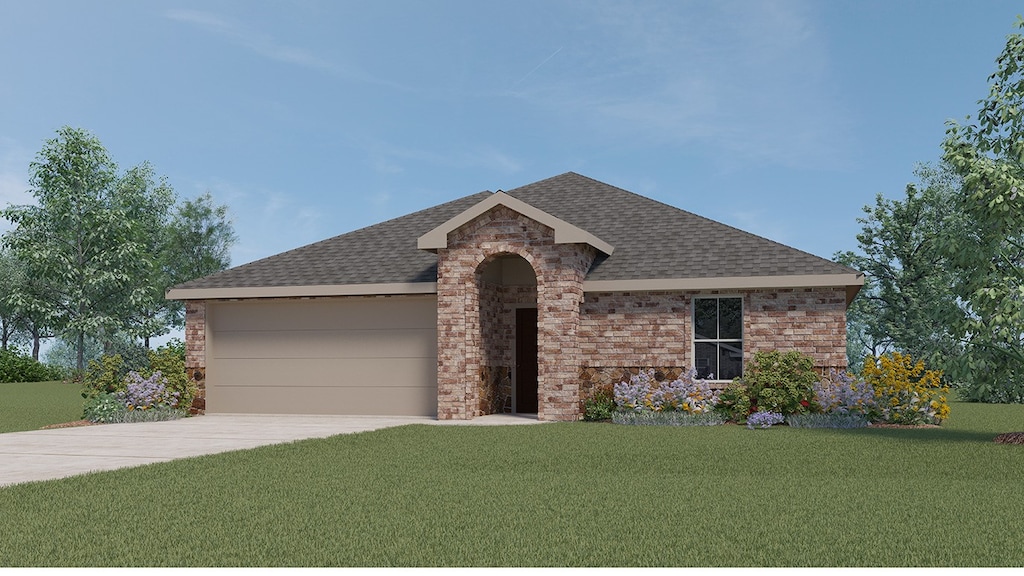 view of front of house featuring a garage and a front lawn