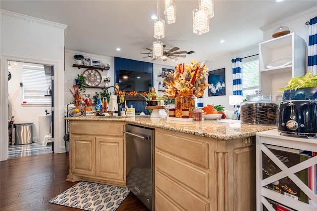 kitchen with light brown cabinetry, crown molding, and dark hardwood / wood-style flooring