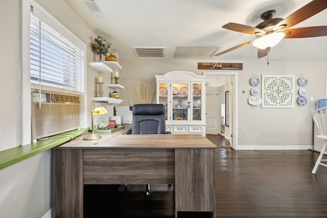 office featuring ceiling fan and dark hardwood / wood-style floors