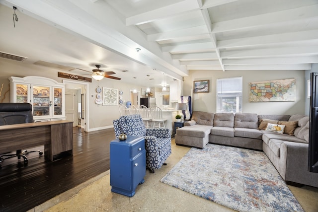 living room featuring hardwood / wood-style flooring, ceiling fan, and vaulted ceiling with beams