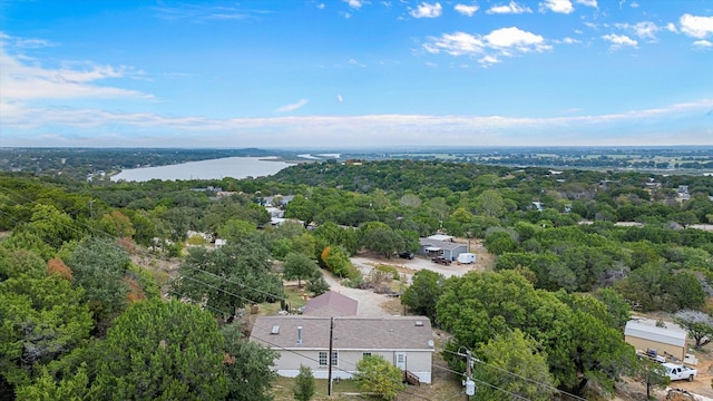 drone / aerial view featuring a water view and a forest view