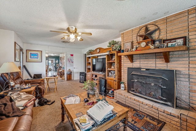 living room featuring carpet, a textured ceiling, and ceiling fan