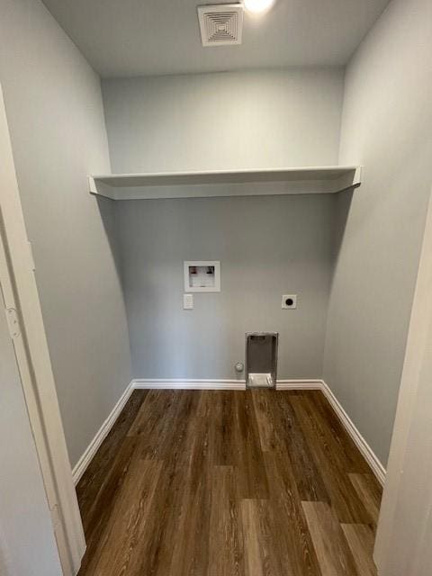 washroom with electric dryer hookup, gas dryer hookup, hookup for a washing machine, and hardwood / wood-style flooring