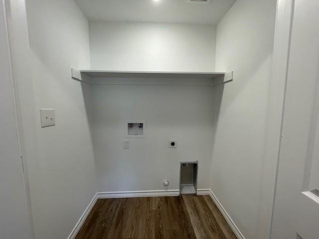 clothes washing area with washer hookup, dark hardwood / wood-style floors, electric dryer hookup, and hookup for a gas dryer