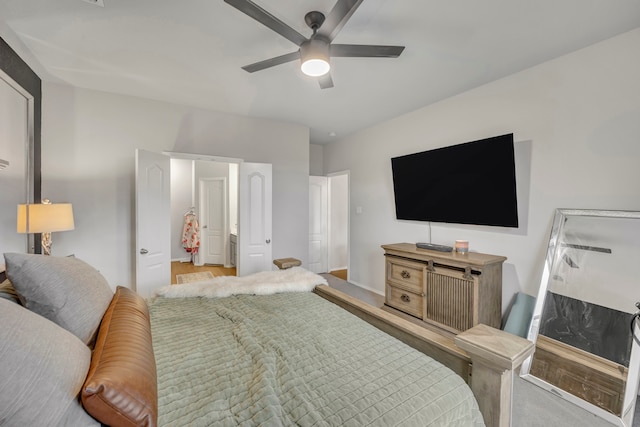 bedroom with light hardwood / wood-style floors and ceiling fan