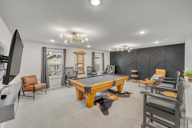 game room featuring light carpet and pool table