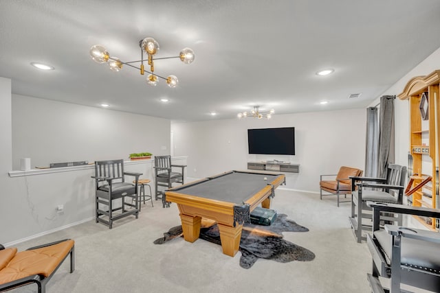 playroom featuring billiards and light carpet