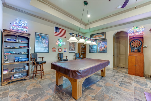 recreation room with ceiling fan, billiards, and ornamental molding