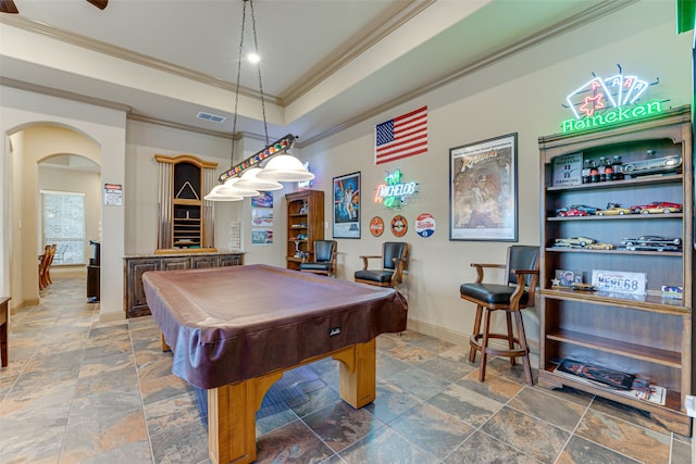 playroom featuring ornamental molding and billiards