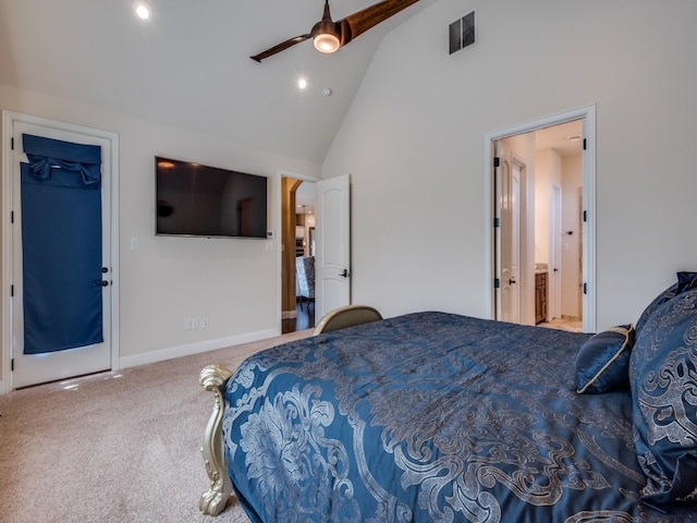 bedroom featuring ceiling fan, carpet flooring, high vaulted ceiling, a walk in closet, and a closet