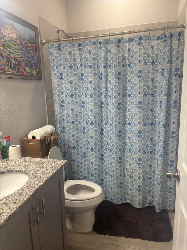 bathroom featuring a shower with shower curtain, vanity, and toilet