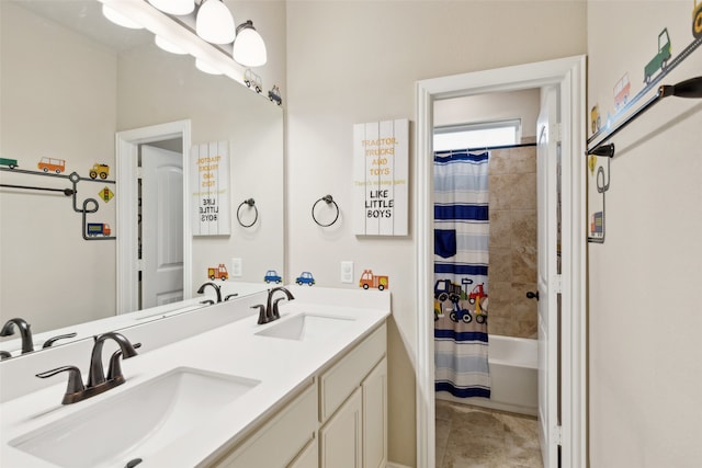 bathroom with vanity and shower / bath combination with curtain