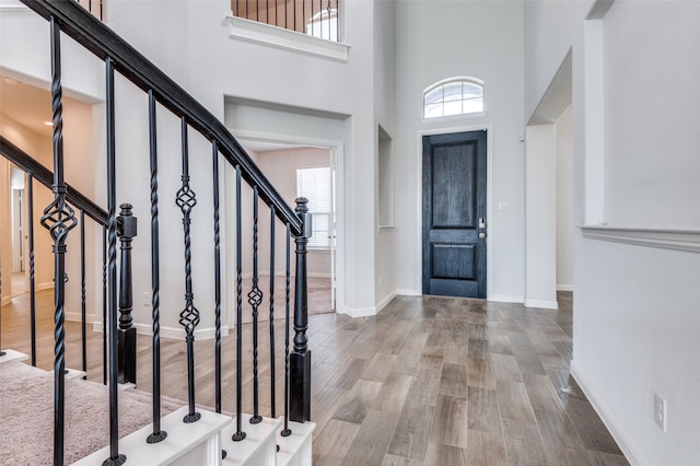 entryway with a towering ceiling, hardwood / wood-style flooring, and a wealth of natural light