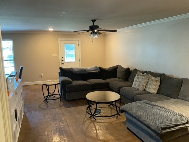 living room featuring ceiling fan, dark hardwood / wood-style floors, a healthy amount of sunlight, and ornamental molding