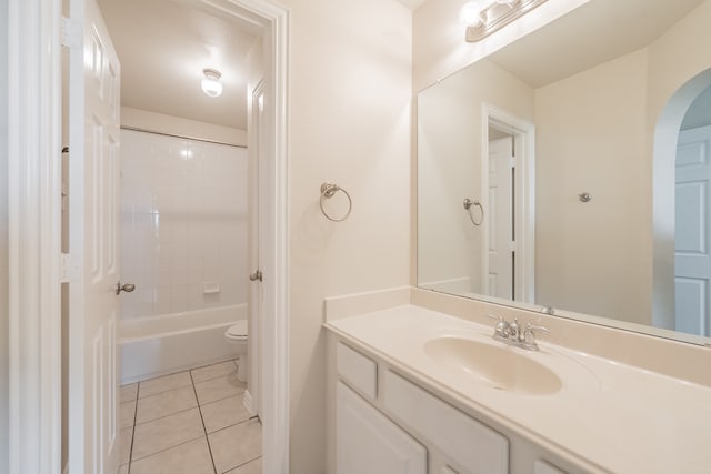 full bathroom featuring toilet, shower / bathing tub combination, vanity, and tile patterned floors