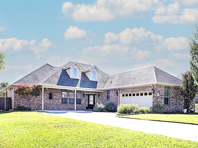 view of front of property with a garage and a front lawn