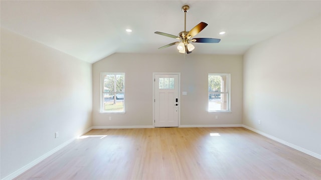 703 Cedar St, Cleburne, TX 76031 - foyer entrance featuring light wood finished floors, a ceiling fan, lofted ceiling, baseboards, and recessed lighting