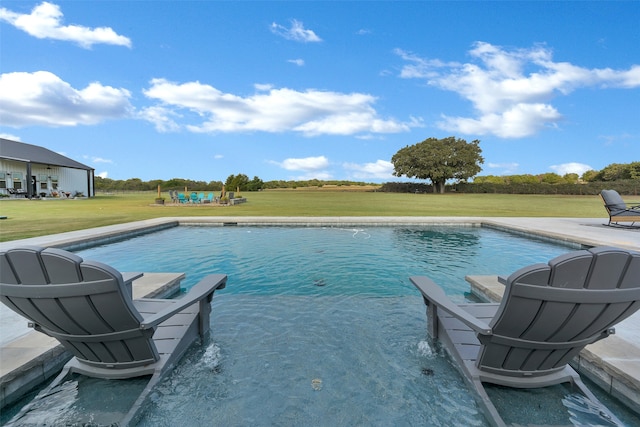 view of swimming pool featuring a yard and pool water feature