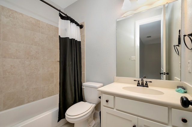 full bathroom with toilet, vanity, and shower / bath combination with curtain