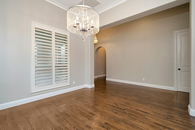 unfurnished room with dark hardwood / wood-style flooring and crown molding