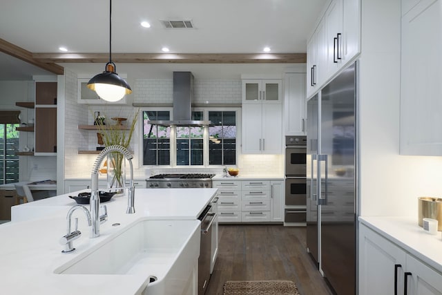 kitchen featuring white cabinets, dark hardwood / wood-style floors, island exhaust hood, appliances with stainless steel finishes, and decorative light fixtures