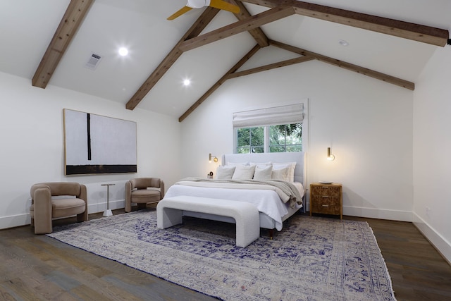 bedroom featuring dark wood-type flooring, beamed ceiling, high vaulted ceiling, and ceiling fan