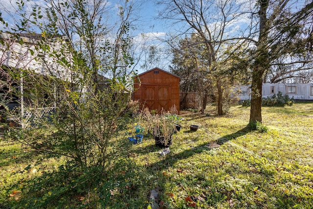 view of yard featuring a storage shed