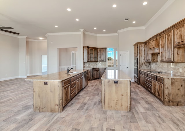 kitchen with light hardwood / wood-style flooring, light stone counters, ornamental molding, and a kitchen island with sink