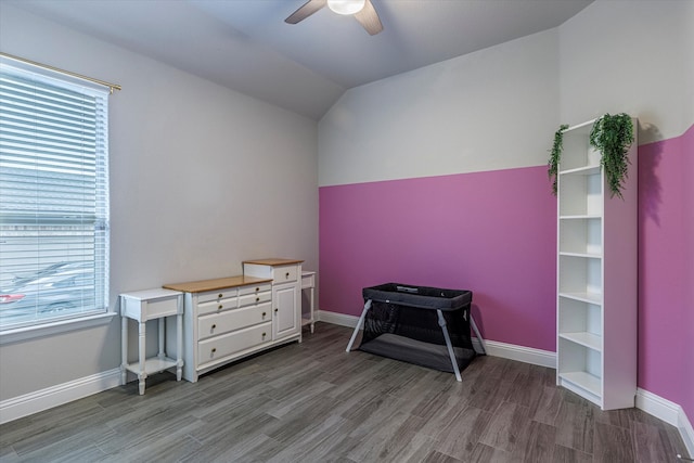 misc room with hardwood / wood-style floors, a healthy amount of sunlight, and vaulted ceiling