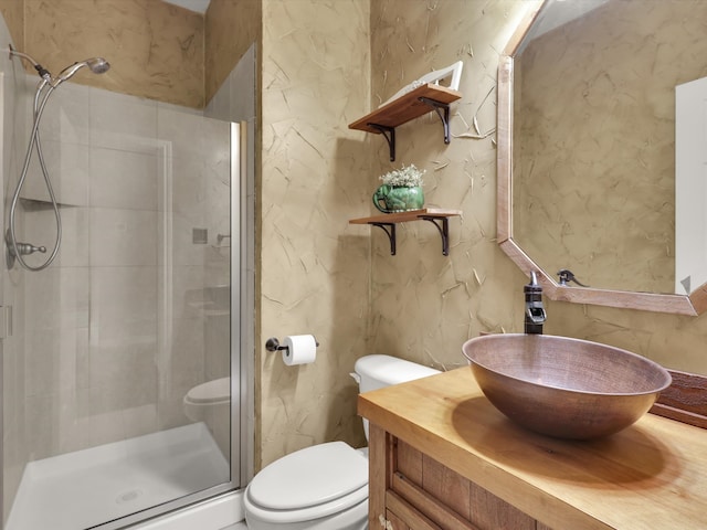 bathroom with vanity, toilet, and a shower with shower door