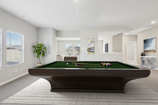 playroom with pool table and carpet flooring