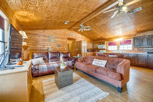 living room with wooden ceiling, ceiling fan, and light hardwood / wood-style flooring