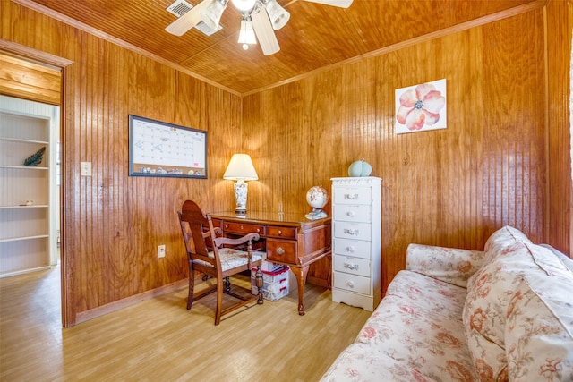 1345 Fm 1563, Wolfe City, TX 75496 - office featuring wood finished floors, wood walls, a ceiling fan, built in features, and wooden ceiling