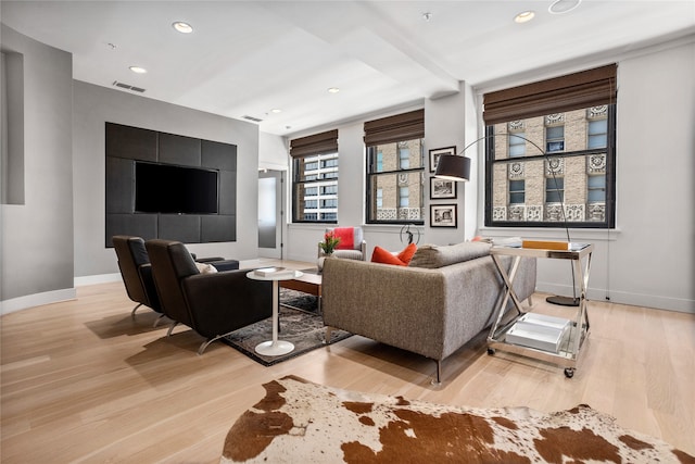 living room with light hardwood / wood-style flooring