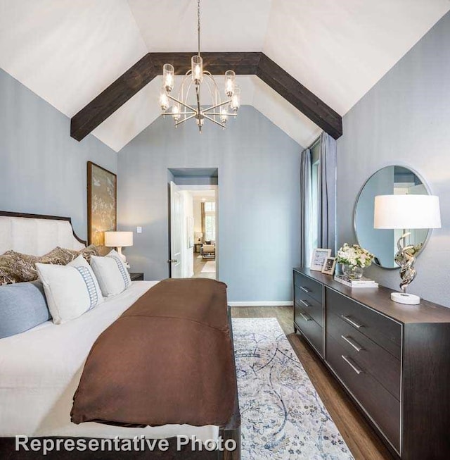 bedroom with lofted ceiling with beams, dark wood-type flooring, and an inviting chandelier