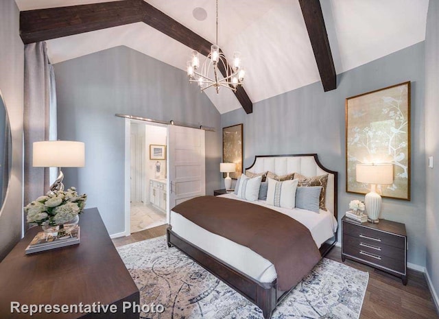 bedroom with a chandelier, ensuite bathroom, vaulted ceiling with beams, and dark hardwood / wood-style floors