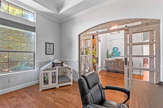 home office with wood-type flooring, plenty of natural light, and crown molding