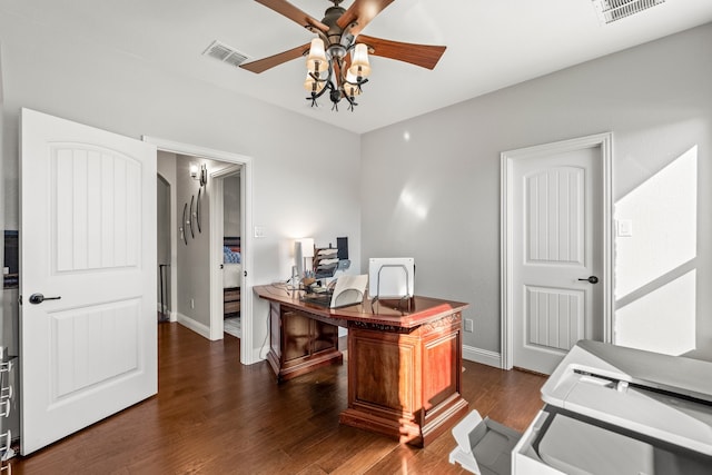 office area featuring dark hardwood / wood-style flooring and ceiling fan