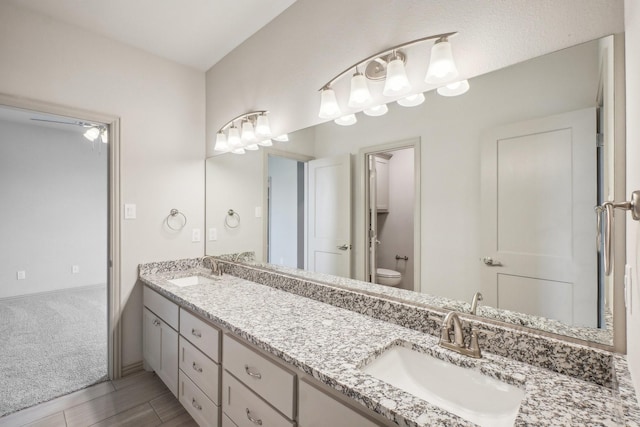 bathroom with vanity, wood-type flooring, and toilet