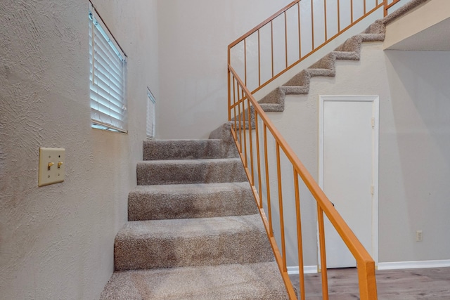 stairway with hardwood / wood-style flooring