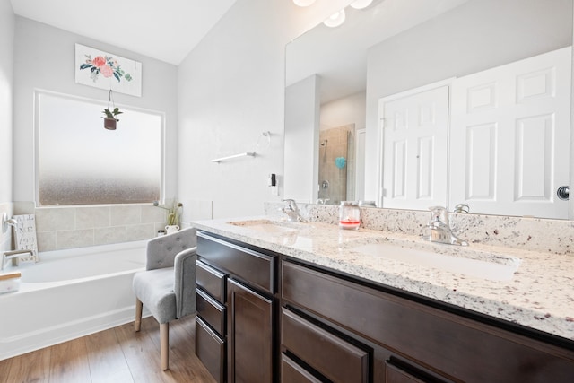 bathroom with separate shower and tub, vanity, and wood-type flooring