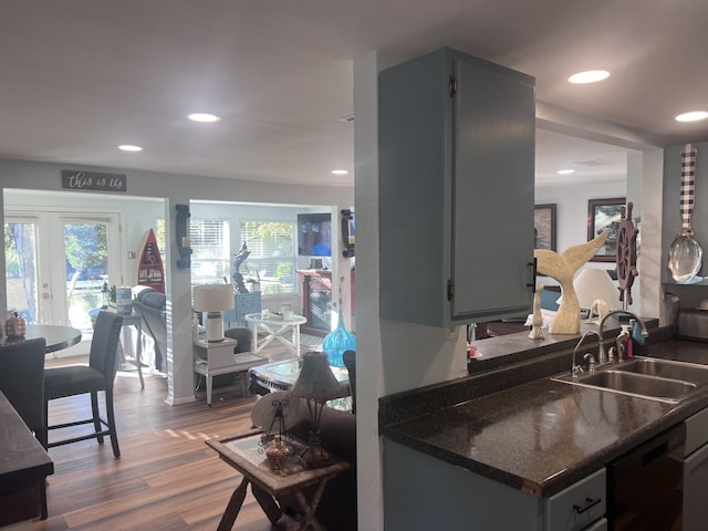 kitchen with wood-type flooring, plenty of natural light, sink, and dishwashing machine