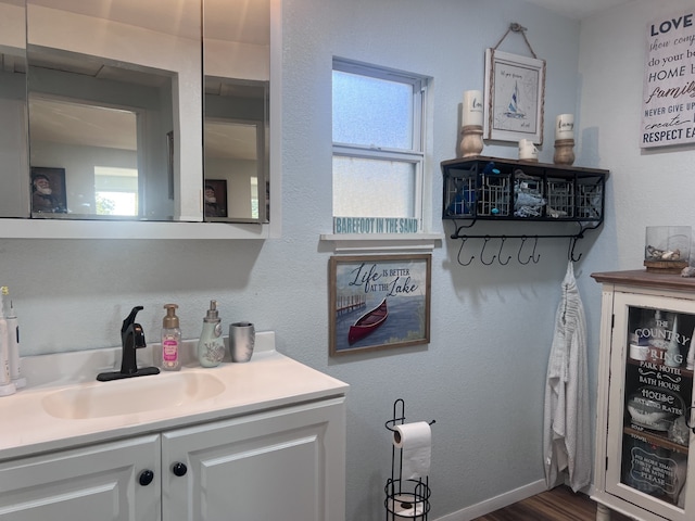 bathroom featuring vanity and wood-type flooring