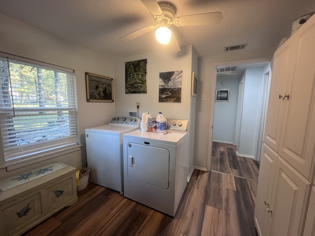 laundry room with separate washer and dryer, dark hardwood / wood-style floors, and ceiling fan