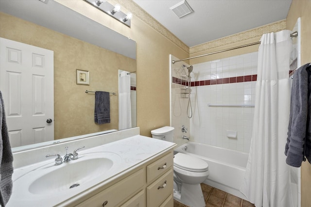 full bathroom featuring vanity, tile patterned flooring, shower / bath combination with curtain, and toilet